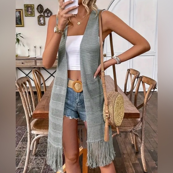 French Grey Long Retro Fringe Vest Size Large - Picture 2 of 5